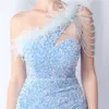 Luxury Sequin LG Evening Dr Blue One épaule LG Prom Dr avec des plumes en forme de femme de mariage de mariage Slit Slit Robe de bal 048N #