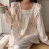 Ev Giyim Bahar Sonbahar Kadınlar Nightgown Uzun Kollu Pijamalar Set Güzel Taze Çiçek Baskı Giysileri Gevşek Pamuk