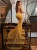 2023 LACE Applique pärlstav kväll dres guld paljett kvinnor lyxparti dr sjöjungfru formell prom klänningar kändis gala mantel d7nx#