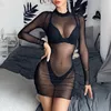 see Through Transparent Hollow Out Dr Women Mock Neck Sexy Bodyc Club Partywear Slim Stretchy Solid Mini Dres 64vd#