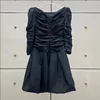 カジュアルドレス秋の女性服スラッシュネックパフスリーブスリムミニブラックドレスファッションジッパードレープイエローボールガウン