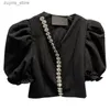 女性のTシャツビンテージブラックパッチワークダイヤモンドシャツvネックパフ短袖韓国のスリムファッション女性ブラウス2022衣類24329