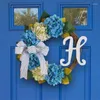 Couronne d'hortensia de fleurs décoratives avec nœud, porte d'entrée bleue et blanche, artificielle réaliste pour bienvenue