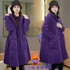 high End Purple Winter Cott Coat Female 2023 New Cott Clip Corduroy Women's Cott Clothes Mid-Length Hooded Trench Coat h62E#