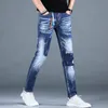 Jeans déchirés bleus pour hommes d'été Pantalon droit pour hommes Streetwear Dot imprimé Slim Fit Denim Pantalon G4vf #