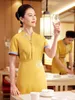 2023 Zomer Chinese Restaurant Ober Korte Mouw Geel Shirt + April Set Vrouwen Hotel Werken Uniform Hotpot Waitr Werkkleding u6cz #