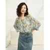 Women's Blouses Women Real Silk Blouse Print Pullover Shirt Two-piece Spring Summer Top V-neck Collar Elegant 2024