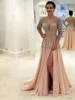 lucxury Beading LG Sleeve Evening Dres 2023 A-Line Side Slit V-Neck Chiff Luxury Party Prom Vestido Backl até o chão V9nH #