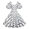 Party Dresses Women Evening Dress Retro Dot Print A-line Big Swing Short Ruffle Sleeves Tight High Waist Back Zipper Midi