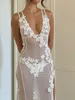 Kvinnor 2023 Fashion Sheer Mesh Sleeveless Dress Summer V Neck Flower Slit Party Dress for Cocktail Beach Club Streetwear 240415