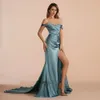 Romantisk elegant blå V-ringning utanför axeln sjöjungfru satin prom dre sexig hög slit duabi kvällsfest klänning för kvinnor n4cy#
