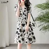 Party Dresses Printing Simplicity Button Loose V-Neck knäkjolar Elegant Summer Thin Fashion Women's Clothing Casure Sheple Sleeve