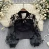 Womens Blouses Shirts Elegant Embroidery Mesh Long Sleeve Blouse Chic Vintage Korean Fashion Crop Top Women Autumn Gothic Clothing Dro Otdih