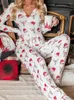 Casa roupas femininas moda primavera outono pijamas com decote em v manga longa impressão pijamas pulôver topo elegante duas peças conjuntos de correspondência de casa