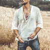 Men's Casual Shirts Mens Long Sleeve Tops Cotton Linen V-Neck T Shirt