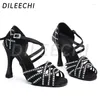 Chaussures de danse DILEECHI femmes latines noir Satin strass Salsa fête carré salle de bal danse Cuba talon 9 cm semelle extérieure souple