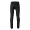 Herren Jeans Schwarze Dornlöcher Ribs Patchwork High Street Stretch Slim Fit Ripped Männer