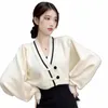 Frauen Pullover Koreanische Versi V-ausschnitt Kontrast Farben Lose Süße Sanfte Chinesischen Stil Kurze Pullover Strickjacke 90J7 #