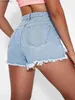 Shorts femininos azul cru hem calças curtas jeans angustiado slash bolsos cintura alta magro ajuste calças jeans roupas 240329