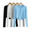 Women's T Shirts Round Neck Half-open Curved Edge Slim Cropped Top Buttoned Fingers Long Sleeve T-shirt Base Shirt Trendy