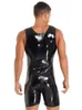 S-7xl bez rękawów mokry wygląd Pvc Playsuits Catsuit błyszcząca pu skórzana skóra zamek błyskawiczny Bodysuit ciasne seksowne kształty kulturystyka 240327