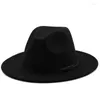 Berretti Donna Uomo Cappello Fedora in lana con pelle nera Gentiluomo Elegante Lady Inverno Autunno Tesa larga Jazz Panama Sombrero Cap