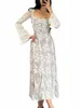 Floral Lace White Dr For Women Sexig LG Sleeve Square Neck FR-bindning LG LACE MIDI DRES FÖR VÄRKT T9S1#