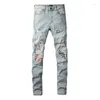 Jeans pour hommes US Drips Blue Distressed Streetwear High Stretch Rouge Patchwork Trous Moustache Slim Fit Ripped Hommes