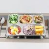 Bols Plateau rectangulaire en acier inoxydable Cantine Bento Lunch Box 4 sections