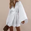 Damen V-Ausschnitt Kimo Cardigan Mini Dr. Cott Leinen Lg Ärmel SES Dres Robe Stil Lace Up Sommer Lose Vestidos