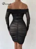 DRMECB OFF SHUPHER MESH PARTY DR FEMMES Vêtements Sexy Club Backl Rucched Bodyc Dres lg Sleeves Autumn Vestidos J3by #