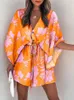 Zomer Casual Dr Vrouwen Fi Vliegende Mouw V-hals Print Beach Party Dress Elegant Lace Up Mini Dr Robe Femme 2023 nieuwe B8LU #