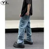 High Street Gothic Straight Jeans Homem Mulher Vintage Buraco Wed Denim Calças Hip Hop Distred Baggy Calças Perna Larga Unisex H5J7 #