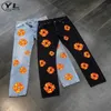 Flame Kapok tryckt denim Pants Man Woman Blue Wed Retro Straight Jeans Hip Hop Street Spring Unisex Loose Cargo byxor Ny F2J8#