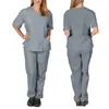 Uniformes de gommage d'allaitement à col en V Sal Spa Toilettage pour animaux de compagnie Vêtements de travail Couleur unie Hauts à manches courtes Pantalons Costumes médicaux 47CY #