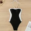 2024 new black and white color block neck hanging jumpsuit for womens triangle beach bikini