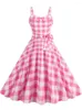 Casual Dresses Pink Plaid Women Vintage Swing Dress Retro Rockabilly Strap Suspenders Cocktail Party 1950s 40s Pinup Summer