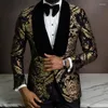 Trajes para hombres Blazer de boda floral para hombres Chaqueta de traje para fumar Slim Fit Mantón de terciopelo Solapa Abrigo de esmoquin para novio de moda africana Listo para enviar