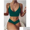 Kvinnors badkläder Kvinnor 2021 Y Solid Swimsuit Women Bikini Push Up Vest Set Brasilian Bathing Suit Two Piece Swim Female Drop Deliver Dh2w3