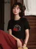 女子Tシャツの消し船チェリー印刷短袖Tシャツ2023夏の韓国の不規則なOネックTEE