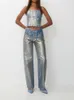 Twotwinstyle Colorblock bolsillos empalmados Jeans para mujeres de cintura alta Patchwork Butt Vintage Chic Jean Mujer Fi ropa nueva 35Hr #