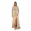 Elegancki szampan syrena wieczorna dres lg rękawki gałki seksowne wysokie rozłam koronkowe aplikacje formalne suknie balowe Arabia Dubai M6or#