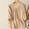 Blusas femininas algodão topo plus size verão moda retro estilo étnico imitação e linho bordado fino camisa casual d281