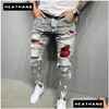 Jeans pour hommes Hommes Slim-Fit Ripped Mâle Peint Mode Patch Mendiant Pantalon Jumbo Crayon Hip Hop Drop Livraison Vêtements Vêtements Dhpji