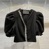 Women's T-Shirt Vintage Black Patchwork Diamonds Shirts V Neck Puff Short Sleeve Korean Slim Fashion Woman Blouses 2022 Clothing24329