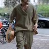 Fashion Loose V Neck Sweater Två stycken Set Men Spring Summer Casual Solid SHORT SLEEVE KNIT TOPS OCH PANTS SUITS MENS STREETEWEAR 240325