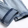 Homens Snake Bordados Jeans Buracos Rasgado Azul Stretch Denim Calças Slim Tapered Calças Z9hm #