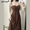 Summer Autumn French Vintage Two Piece Set Women Elegent Korean Party Midi Dress Kvinnlig Sexig rem Backless Evening Dresses 240329