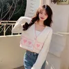 xpqbb Doce Coração Impresso Cardigan de Malha Mulheres Coreano Chic Butts Com Decote Em V Camisola Casaco Senhoras Estilo Universitário Bonito Crop Tops y5IE #