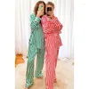 Hemkläder Kvinnor Imitation Silk Pyjamas randig långärmad knapp ner sömnkläder